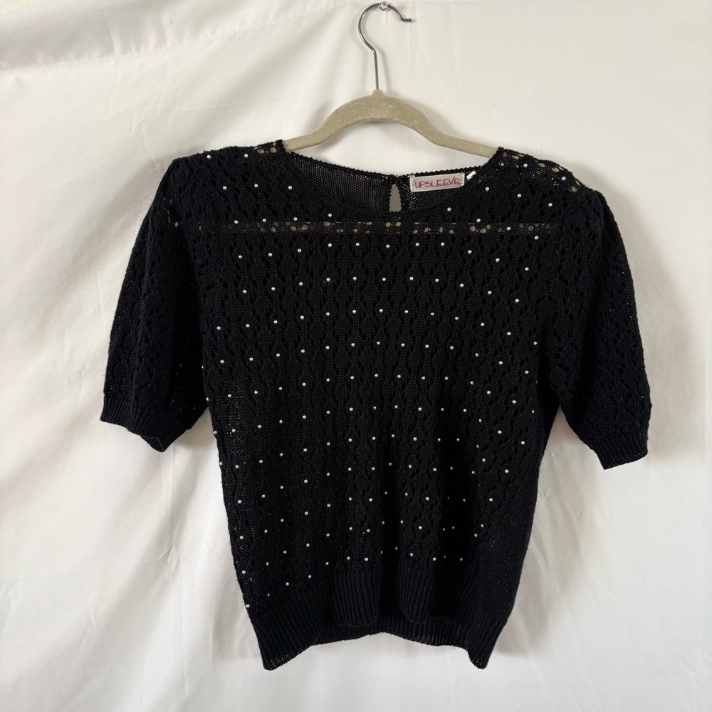Vintage 80s black knit blouse pearl detailing small medium puff sleeve top - Picture 2 of 5